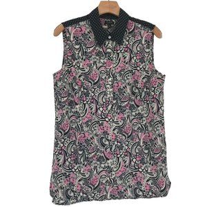Talbots women's blouse top sleeveless pink black Paisley floral size medium